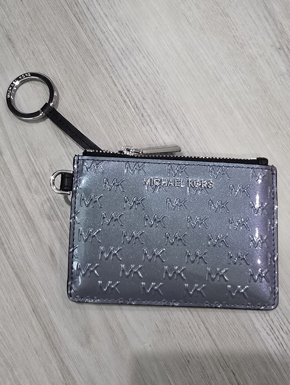 Michael Kors Jet Set Small Logo Embossed Patent Leather Coin Card Metalic Silver